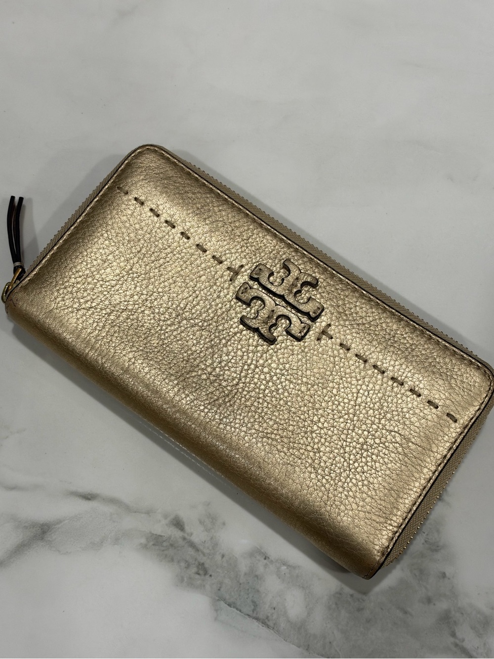 Tory Burch Metallic Gold Zip-Around Leather Wallet